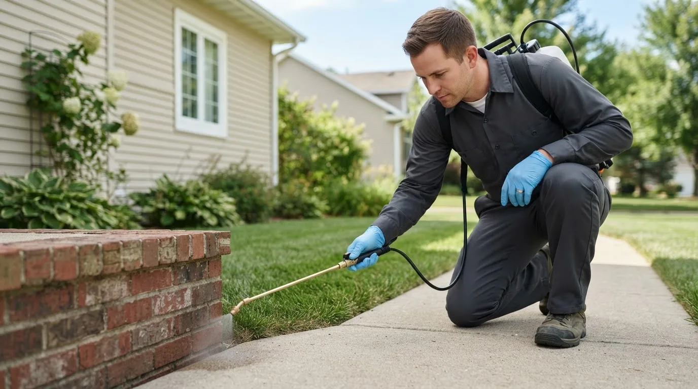 Pest control technician treating a home near Front Royal, VA